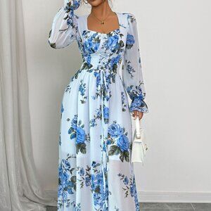 Floral Flounce Sleeve Maxi Dress | New Formal Tied Dress w/ Zipper Back